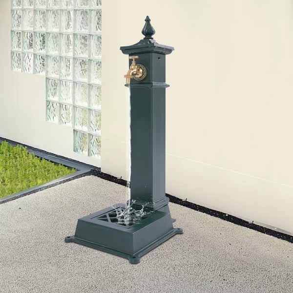 Udendørs havevandhane - Fritstående vandpost - Gulvmonteret - Rustbestandig - Støbejern/Stål - 30,5×33×73 cm - Bundindløb - Grøn