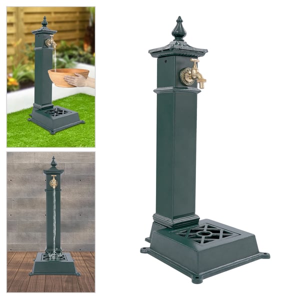 Udendørs havevandhane - Fritstående vandpost - Gulvmonteret - Rustbestandig - Støbejern/Stål - 30,5×33×73 cm - Bundindløb - Grøn