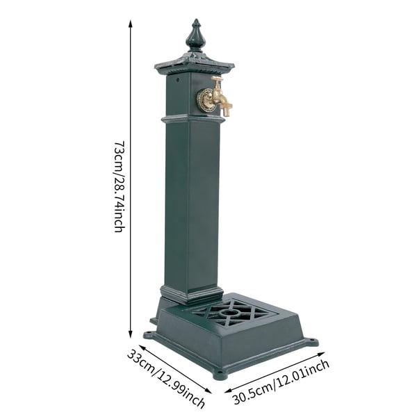 Udendørs havevandhane - Fritstående vandpost - Gulvmonteret - Rustbestandig - Støbejern/Stål - 30,5×33×73 cm - Bundindløb - Grøn