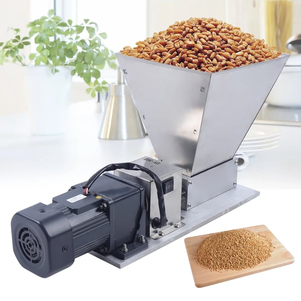 Elektrisk Kornkværn - Maltknuser til Hjemmebryg - 60W - 75RPM - 4 L Tragt - Rustfri Valser - 6061 Aluminium - 110/220V - Sølv