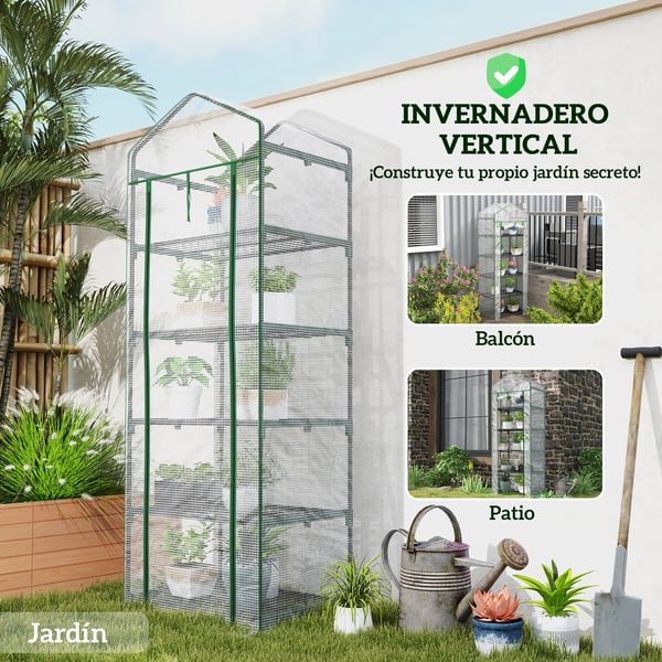 Mini växthus - Växthus med 5 hyllplan - 69x49x193 cm - Metallram - Vattentätt transparent överdrag - Vit