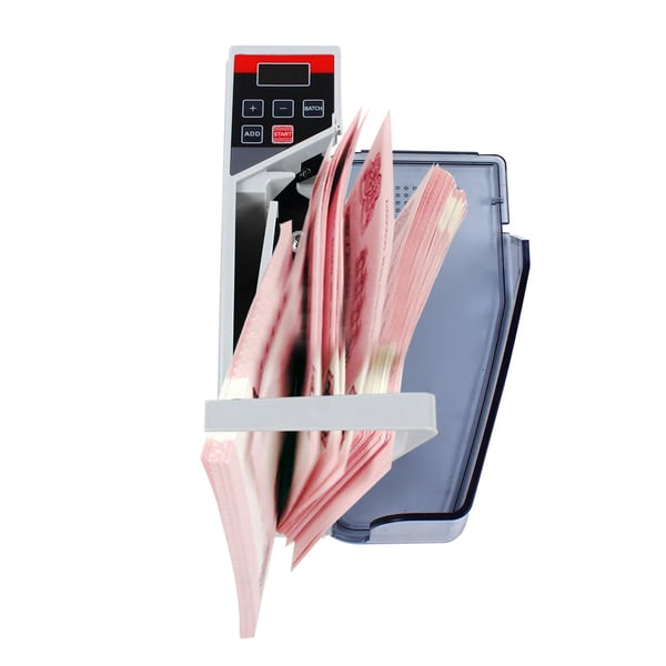 Seddeltæller - Bærbar Mini - Hastighed 600 sedler/min - Trecifret display (max 999) - Mål 19×5×9 cm - Vægt 0,4 kg - Effekt 2 W - Grå