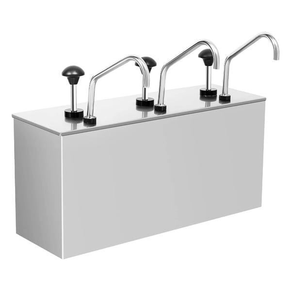Saucedispenser - Tredobbelt Pumpestation - Rustfrit Stål - 3 Rum - Kapacitet 3×4 L - Til Soja, Eddike, Ketchup Saucedispenser - Tredobbelt Pumpestation - Rustfrit Stål - 3 Rum - Kapacitet 3×4 L - Til Soja, Eddike, Ketchup