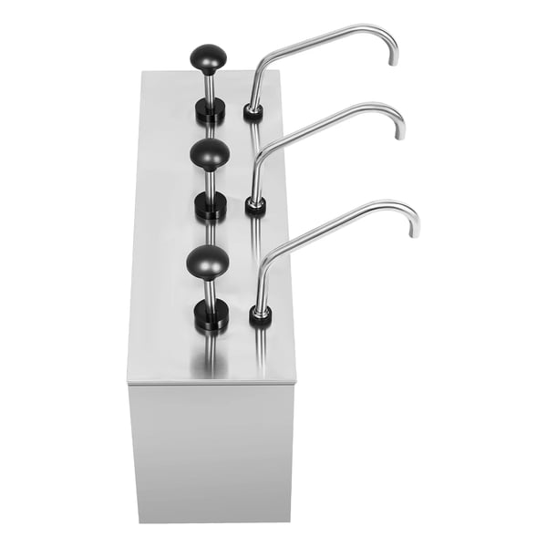Saucedispenser - Tredobbelt Pumpestation - Rustfrit Stål - 3 Rum - Kapacitet 3×4 L - Til Soja, Eddike, Ketchup
