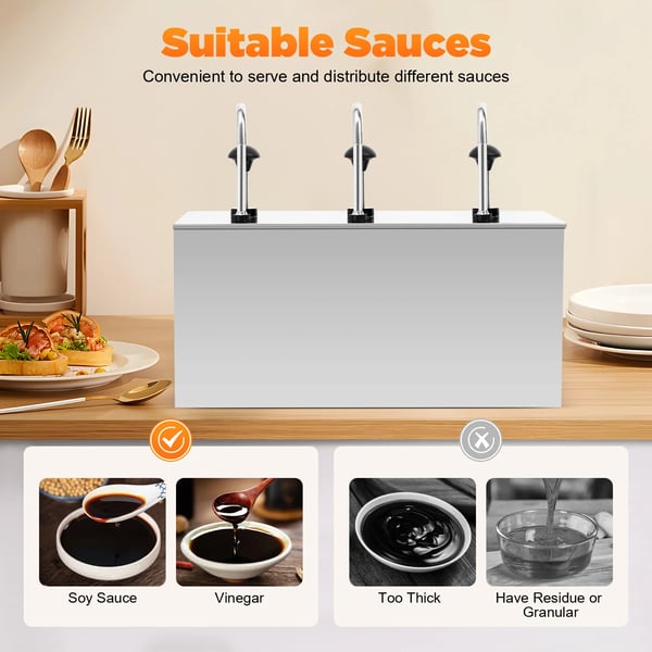 Saucedispenser - Tredobbelt Pumpestation - Rustfrit Stål - 3 Rum - Kapacitet 3×4 L - Til Soja, Eddike, Ketchup