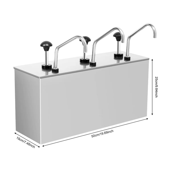 Saucedispenser - Tredobbelt Pumpestation - Rustfrit Stål - 3 Rum - Kapacitet 3×4 L - Til Soja, Eddike, Ketchup