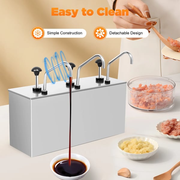 Saucedispenser - Tredobbelt Pumpestation - Rustfrit Stål - 3 Rum - Kapacitet 3×4 L - Til Soja, Eddike, Ketchup