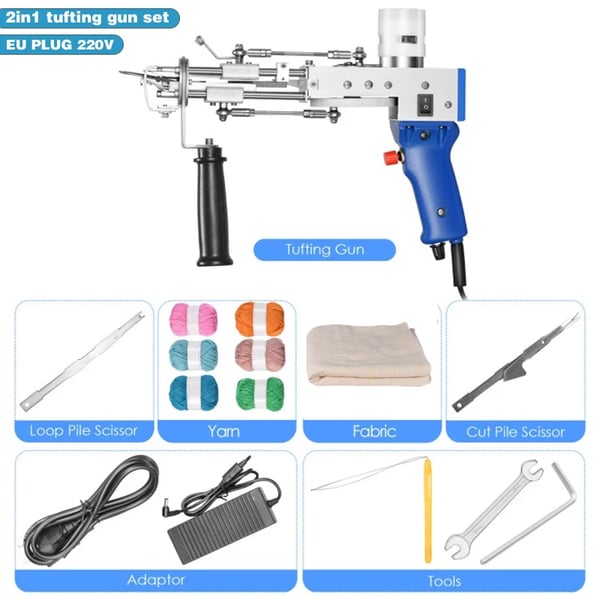 Elektrisk tuftingpistol, 2‑i‑1‑set Set E, röd, med tyg och mattrimmer för mattillverkning
