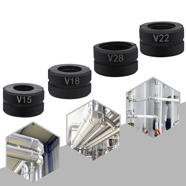 Pressbakker til kobberrør - V-profil V15/V18/V22/V28 mm - 4-delt sæt - Cr45-stål - Demonterbare - Sort