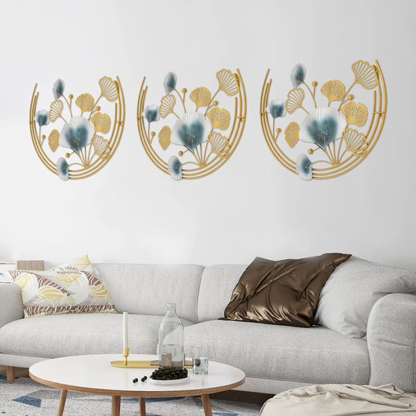 Seinäkoriste - Metallinen seinäveistos - 3 osaa - Koko 150×50 cm - Ruosteenkestävä rauta - Seinäkiinnitys - Helppo asennus ja puhdistus - Kulta