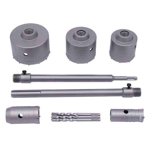 Hulsavssæt - Kernebor til væg SDS Plus/Max - 9 dele - Ø30–100 mm - 370 mm borestang - Til beton, cement, sten - Metal