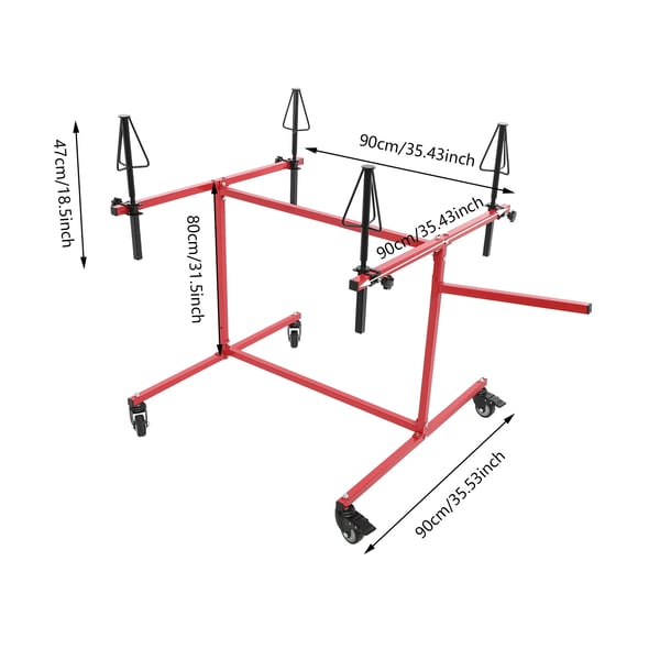 Fælgtræ Lakeringsstativ - Tørrestativ til Fælger - 100 kg Bæreevne - 4 Drejehjul - 4 Kegler Justerbare 15 cm - Zinkbelagt Stål - Rød