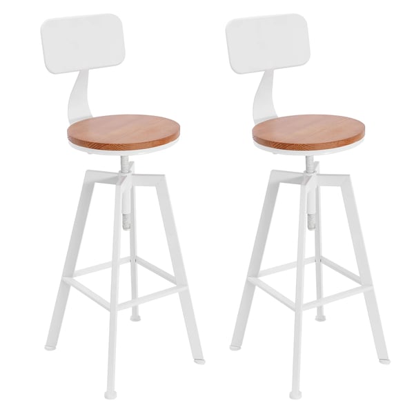 Baarituolit 2 kpl - Korkeussäädettävät selkänojalla - Istuimen Ø30 cm - Korkeus 63–83 cm - Jalusta 33×33 cm - Riisinvalkoinen
