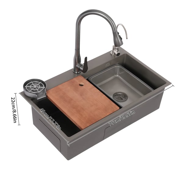 Køkkenvask - Enkeltkumme 75×45×22 cm - 304 rustfrit stål - Ridsefast - Udtræksvandhane 30 cm - 1 hul - Grå