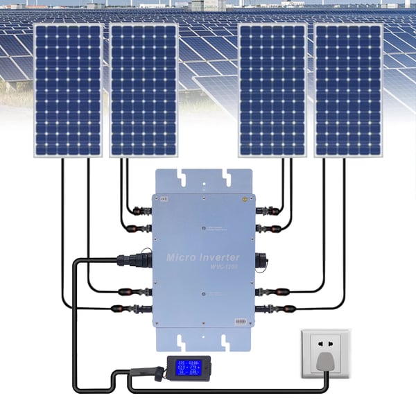 WVC-1200W, nettilsluttet sol-mikroinverter, IP65 MPPT, 220V ud, DC 22–50V ind, EU-stik, sølv