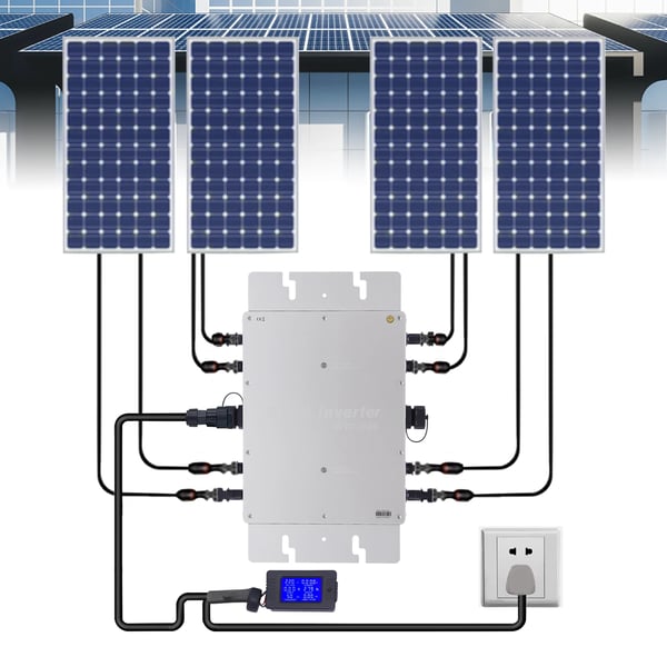 WVC-1200W, nettilsluttet sol-mikroinverter, IP65 MPPT, 220V ud, DC 22–50V ind, EU-stik, sølv