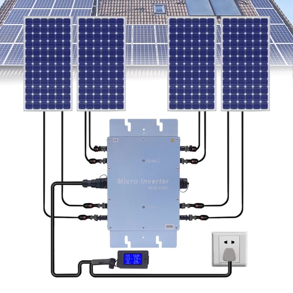 WVC-1200W, nettilsluttet sol-mikroinverter, IP65 MPPT, 220V ud, DC 22–50V ind, EU-stik, sølv