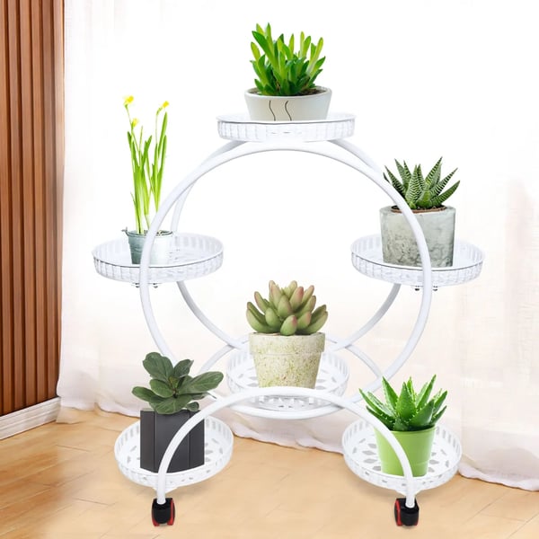 Planteholder - Blomsterstativ - 6 Potter - Med Hjul - Metal - Potte Ø 23 cm - Hvid