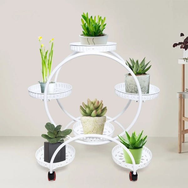 Planteholder - Blomsterstativ - 6 Potter - Med Hjul - Metal - Potte Ø 23 cm - Hvid