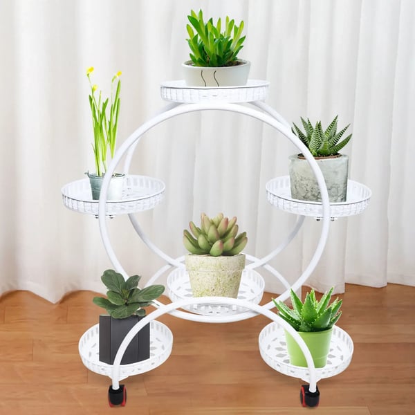 Planteholder - Blomsterstativ - 6 Potter - Med Hjul - Metal - Potte Ø 23 cm - Hvid