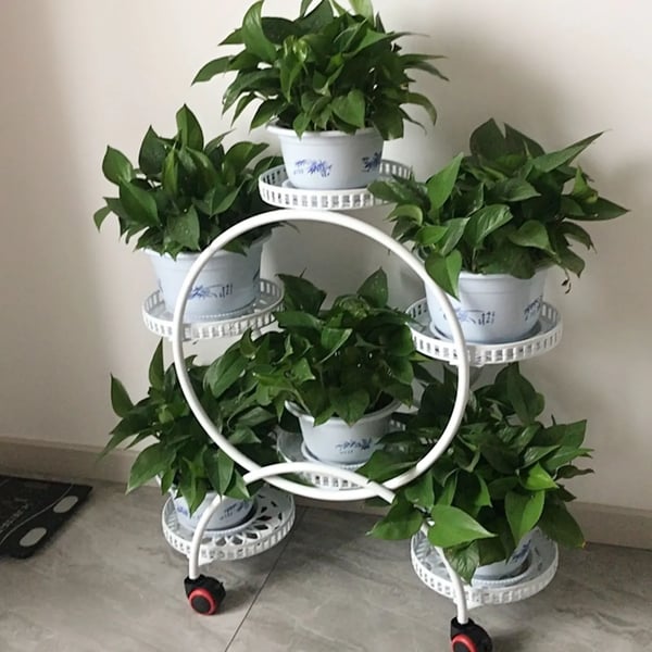 Planteholder - Blomsterstativ - 6 Potter - Med Hjul - Metal - Potte Ø 23 cm - Hvid