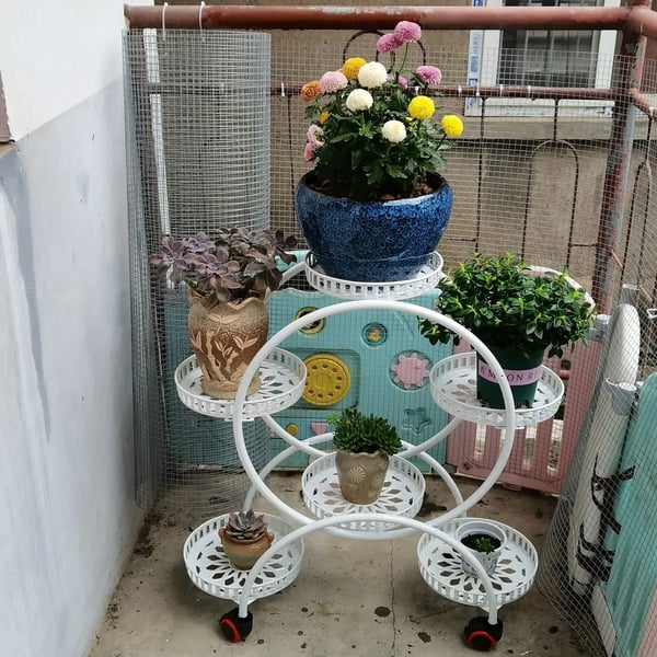 Planteholder - Blomsterstativ - 6 Potter - Med Hjul - Metal - Potte Ø 23 cm - Hvid