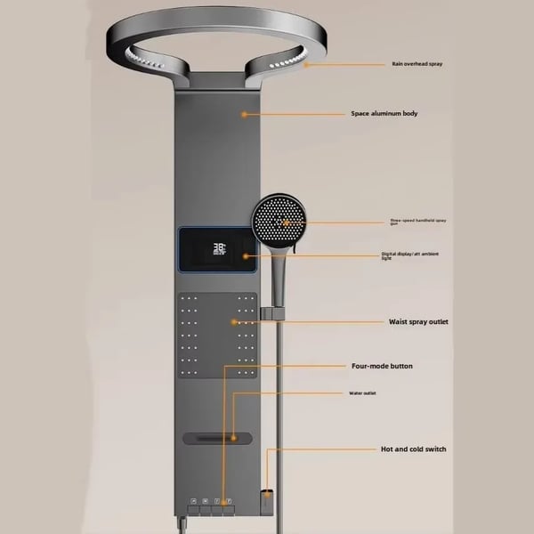 LED Brusepanel - W8 Brusesæt - Vægmonteret - Vandfaldsbruser - Børstet aluminium - Stangformet - LED stemningslys