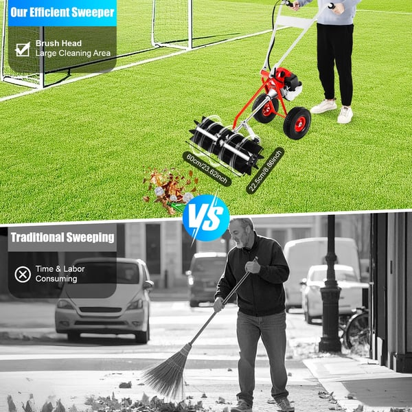 Nurmikko & tekonurmi lakaisukone - Bensiinikäyttöinen harjalaite - Ilmajäähdytteinen 2-tahti 43 cc - Työleveys 60 cm - Automaattikytkin