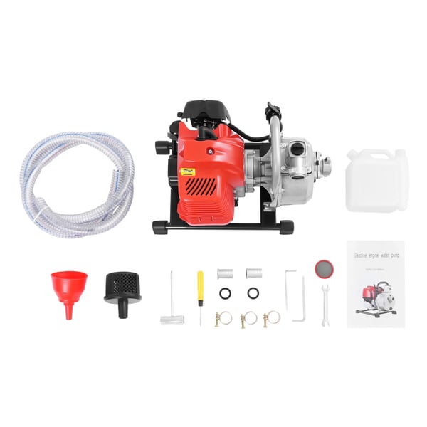 Benzin vandpumpe - Havepumpe - 43 cm³ - 1250 W - 8500 o/min - Luftkølet 2-takt - Enkeltcylinder - 2 m sugeslange - Rød