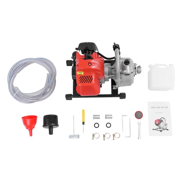 Benzin vandpumpe - Havepumpe - 43 cm³ - 1250 W - 8500 o/min - Luftkølet 2-takt - Enkeltcylinder - 2 m sugeslange - Rød