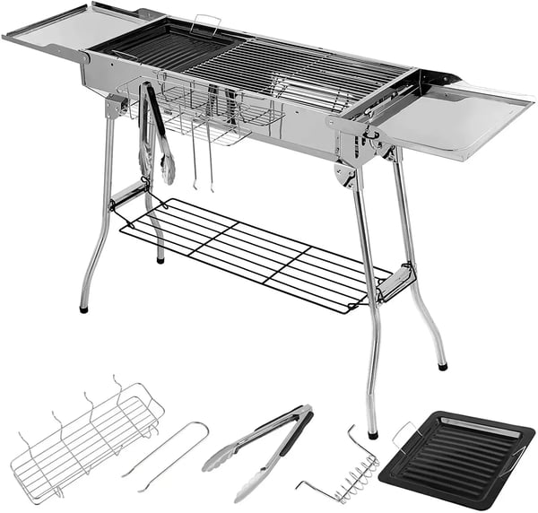 Hiiligrilli - Kannettava retkigrilli BBQ - Ruostumaton teräs - Kaksi taittuvaa sivutasoa - Tarttumaton pannu - Säädettävä ilmanvaihto
