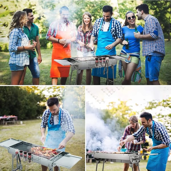 Kulgrill - Bærbar campinggrill BBQ - Rustfrit stål - Dobbelt foldbare sideborde - Slip-let pande - Justerbar ventilation - Let at rengøre