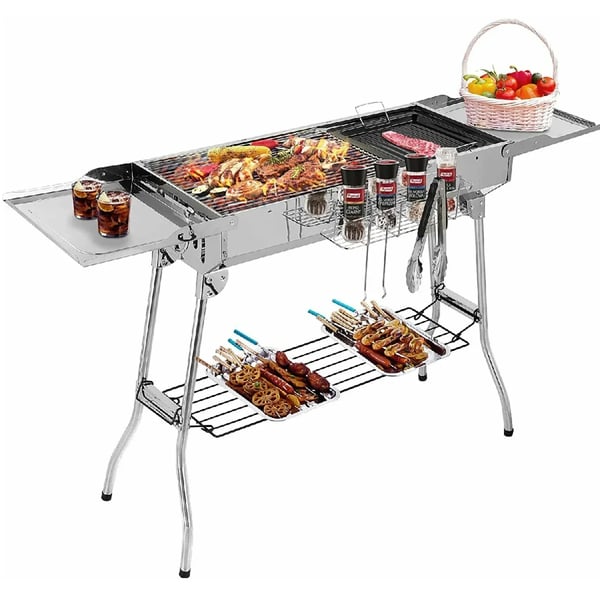Kulgrill - Bærbar campinggrill BBQ - Rustfrit stål - Dobbelt foldbare sideborde - Slip-let pande - Justerbar ventilation - Let at rengøre