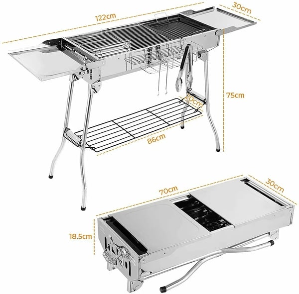 Kulgrill - Bærbar campinggrill BBQ - Rustfrit stål - Dobbelt foldbare sideborde - Slip-let pande - Justerbar ventilation - Let at rengøre