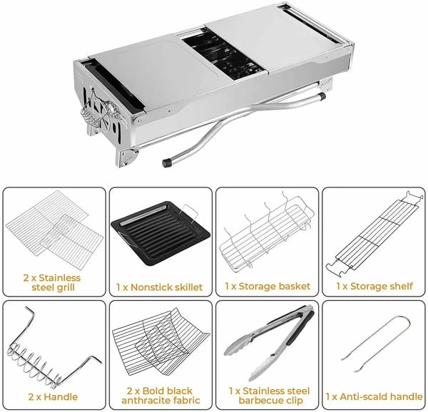 Kulgrill - Bærbar campinggrill BBQ - Rustfrit stål - Dobbelt foldbare sideborde - Slip-let pande - Justerbar ventilation - Let at rengøre