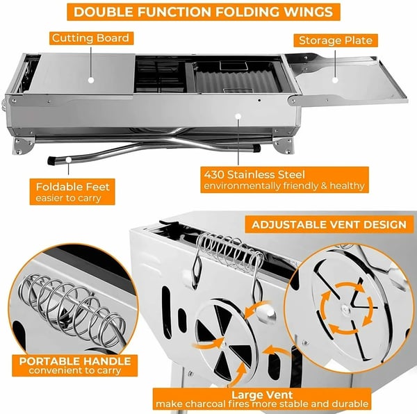 Kulgrill - Bærbar campinggrill BBQ - Rustfrit stål - Dobbelt foldbare sideborde - Slip-let pande - Justerbar ventilation - Let at rengøre