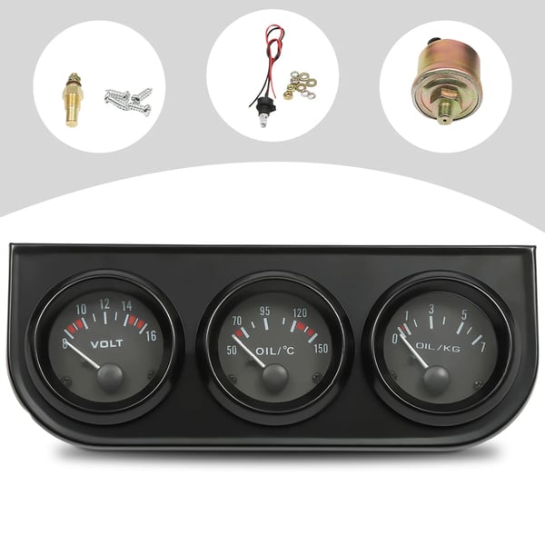 Bil Trippelmåler - 3-i-1 Målersæt - 52 mm - 12V Universal - Voltmeter 8–16V - Olietemperatur 50–150°C - Olietryk 0–7 kg - Sort