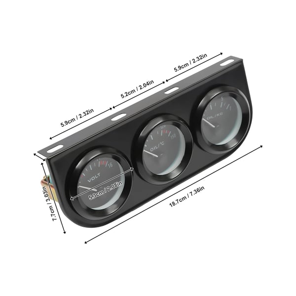 Bil Trippelmåler - 3-i-1 Målersæt - 52 mm - 12V Universal - Voltmeter 8–16V - Olietemperatur 50–150°C - Olietryk 0–7 kg - Sort