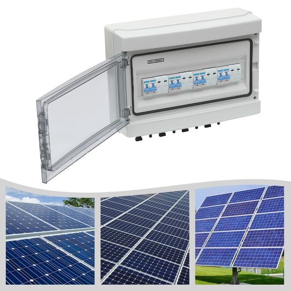 Solcelle PV DC samleboks - 4 ind/4 ud isolatorafbryder - DC 1000V - IP65 vandtæt - 8 stik - Overspændingsbeskyttelse - 15A/25A - Vægmontering - Hvid