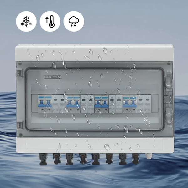 Solcelle PV DC samleboks - 4 ind/4 ud isolatorafbryder - DC 1000V - IP65 vandtæt - 8 stik - Overspændingsbeskyttelse - 15A/25A - Vægmontering - Hvid