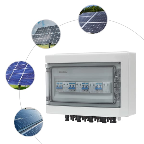 Solcelle PV DC samleboks - 4 ind/4 ud isolatorafbryder - DC 1000V - IP65 vandtæt - 8 stik - Overspændingsbeskyttelse - 15A/25A - Vægmontering - Hvid