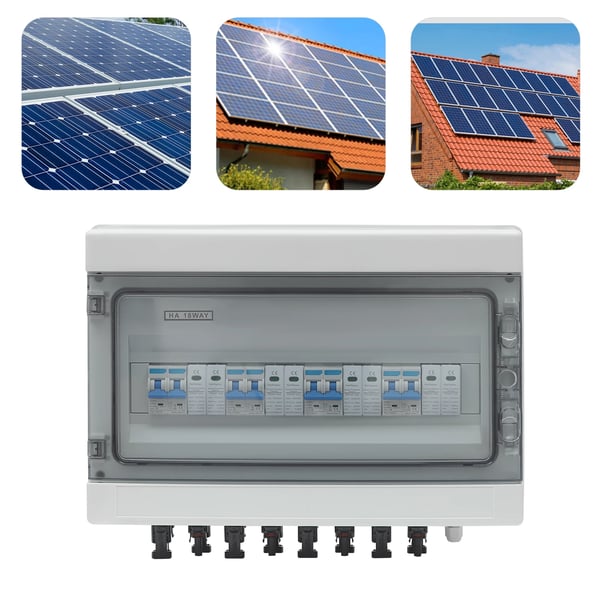 Solcelle PV DC samleboks - 4 ind/4 ud isolatorafbryder - DC 1000V - IP65 vandtæt - 8 stik - Overspændingsbeskyttelse - 15A/25A - Vægmontering - Hvid