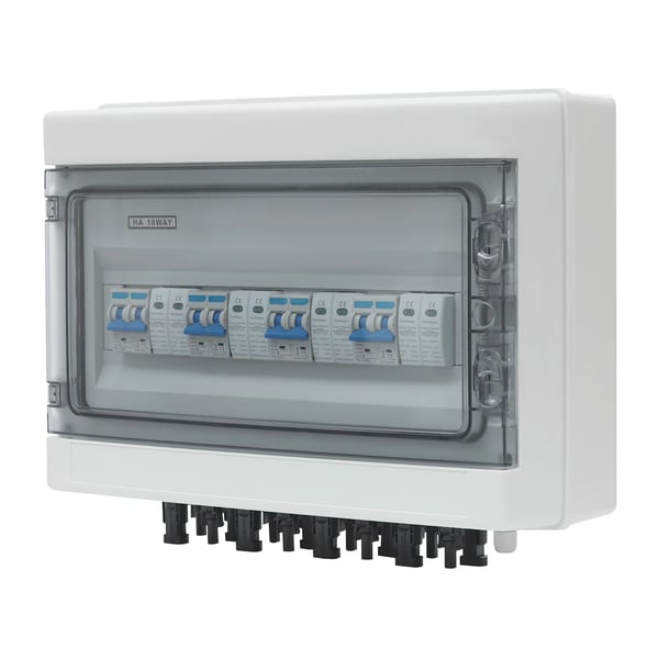 Solcelle PV DC samleboks - 4 ind/4 ud isolatorafbryder - DC 1000V - IP65 vandtæt - 8 stik - Overspændingsbeskyttelse - 15A/25A - Vægmontering - Hvid