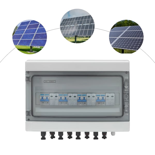 Solcelle PV DC samleboks - 4 ind/4 ud isolatorafbryder - DC 1000V - IP65 vandtæt - 8 stik - Overspændingsbeskyttelse - 15A/25A - Vægmontering - Hvid