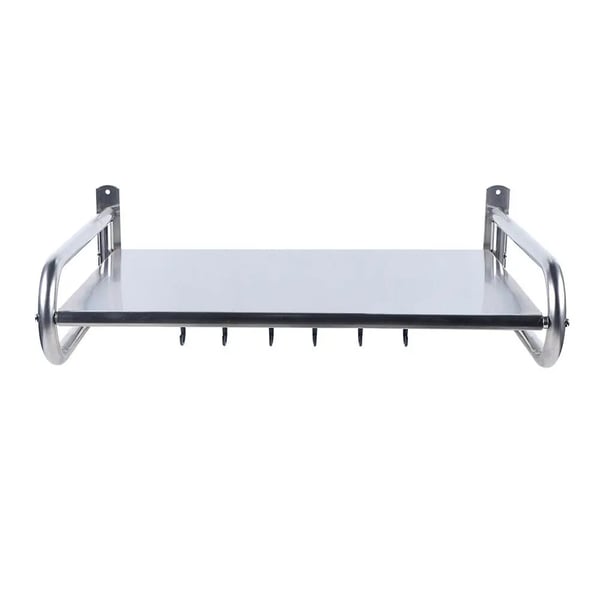 Hylly mikroaaltouunille - Seinäkiinnitteinen keittiöhylly - Ruostumaton teräs - Enimmäiskuorma 30 kg - 1 taso - 6 koukkua - 0,68 mm paksu