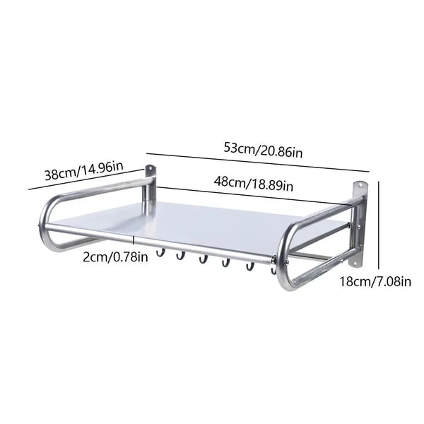Hylly mikroaaltouunille - Seinäkiinnitteinen keittiöhylly - Ruostumaton teräs - Enimmäiskuorma 30 kg - 1 taso - 6 koukkua - 0,68 mm paksu