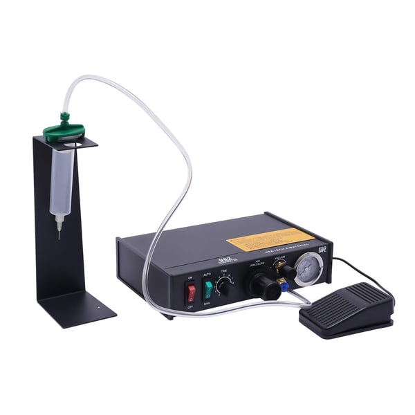 Pneumaattinen liima- ja juotospasta-annostelija - 982 - 20 W - EU‑pistoke - Manuaalinen/puoliautomaattinen - Min 0,01 ml - Ajastin 0,1–9,9 s - Musta
