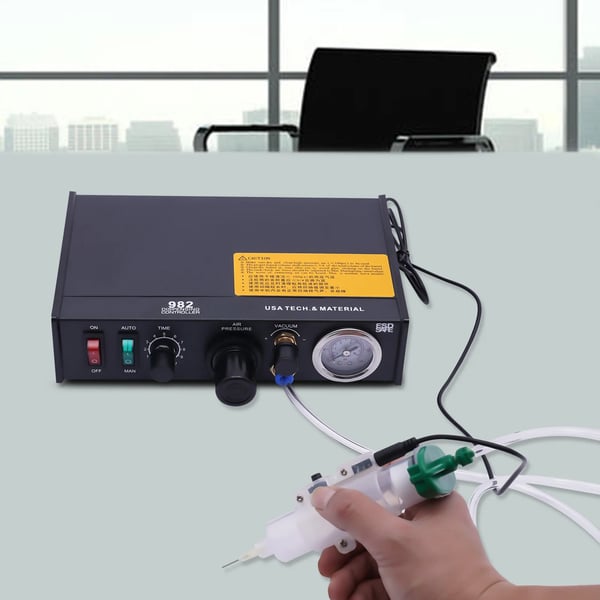 Pneumatisk lim- og loddepastadispenser - 982 - 20 W - EU-stik - Manuel/semiautomatisk - Min 0,01 ml - Timer 0,1–9,9 s - Sort