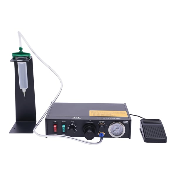 Pneumatisk lim- og loddepastadispenser - 982 - 20 W - EU-stik - Manuel/semiautomatisk - Min 0,01 ml - Timer 0,1–9,9 s - Sort