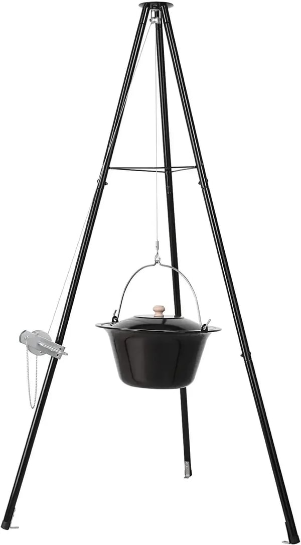 Unkarilainen gulassipata - Teleskooppikolmijalka - 30 l - Emaloitu valurauta - Ketju 250 cm, korkeussäädettävä - Kolmijalka 151–170 cm - Harmaa